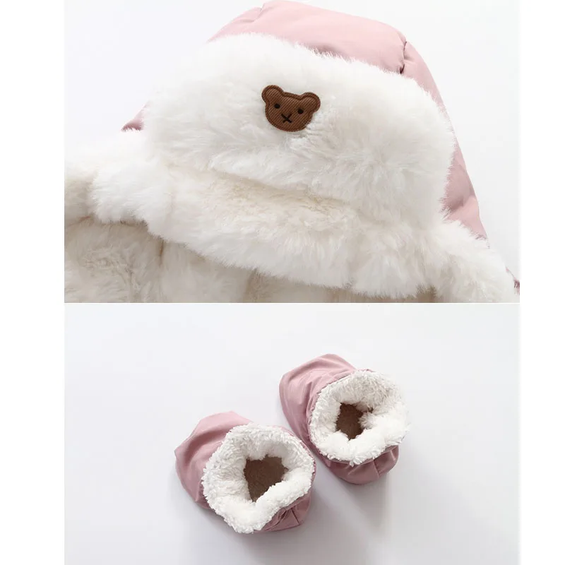 0-18M Baby Rompers 4PCS Set Winter Warm Fleece Lining Jumpsuits+Detachable Hat+Gloves+Foot cover Children Snowsuits Boys Girls