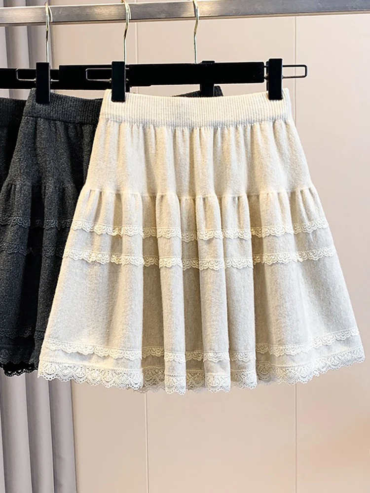 

plus Size Women's High Waist A-Line Skirt Lace Trim Knitted Skirt Korean Style Loose Fit Commute Short Skirt
