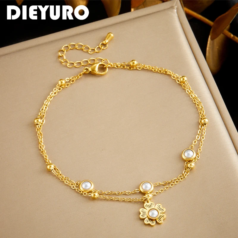 女性のためのステンレス鋼のビーズのアンクレット,花がちりばめられたペンダント,エレガントなジュエリー,お祝いの贈り物,新しいコレクションDIEYURO-316L