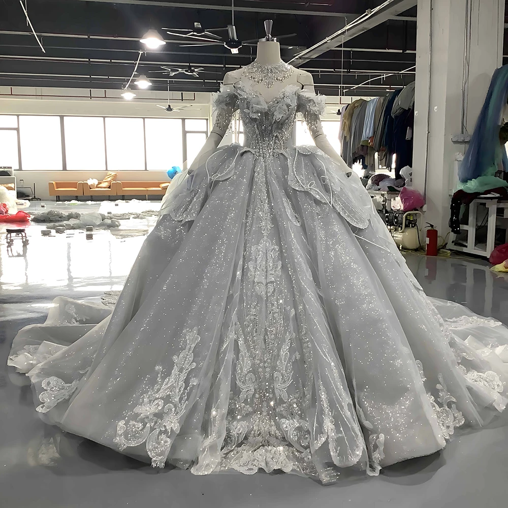 Vestido de novia con hombros descubiertos, elegante, con cuentas y lentejuelas, lujoso, hasta el suelo, 2024