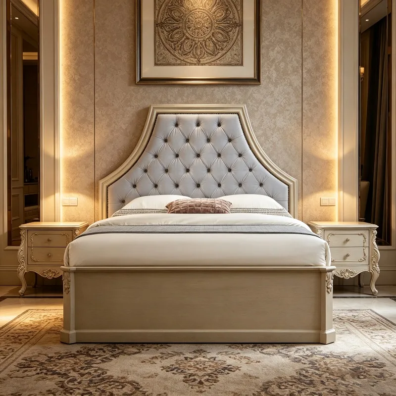 Light Luxury American-Style Modern Double Bed Solid Wooded Beds for Hotel's Master Bedroom Large Wedding Storage Princess Bed