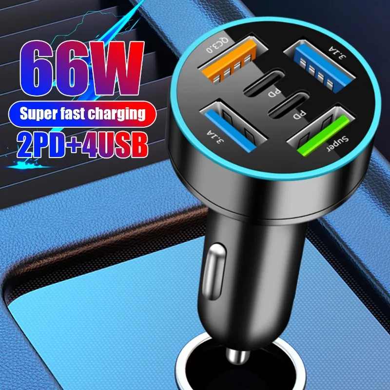 New Digital Display Car Charger Super 66W Fast Charging with 4USB+2PD Car Mobile Phone Adapter PD Mobile Phone Charging Head