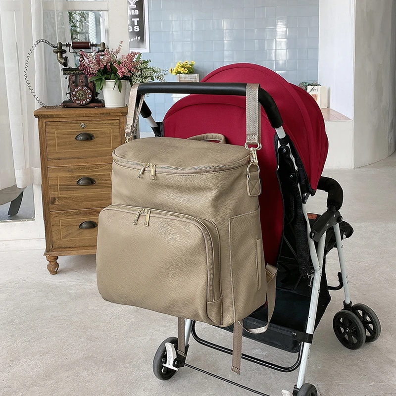 New Design Diaper Backpack Vegan Leather Baby Bags for Mom Dad Waterproof Changing Bag with Changing Pad Nappy Nursing Bags