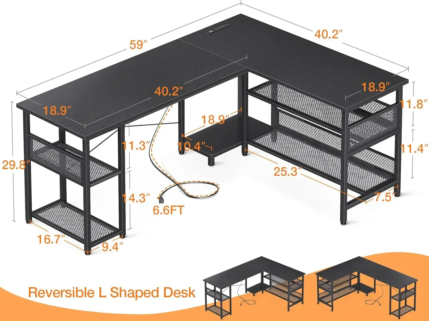 Odk 59 "L-Vormig Bureau Met Stopcontact En USB-Oplaadpoorten, Omkeerbare L-Vormige Computerbureau Met Opslagplanken,