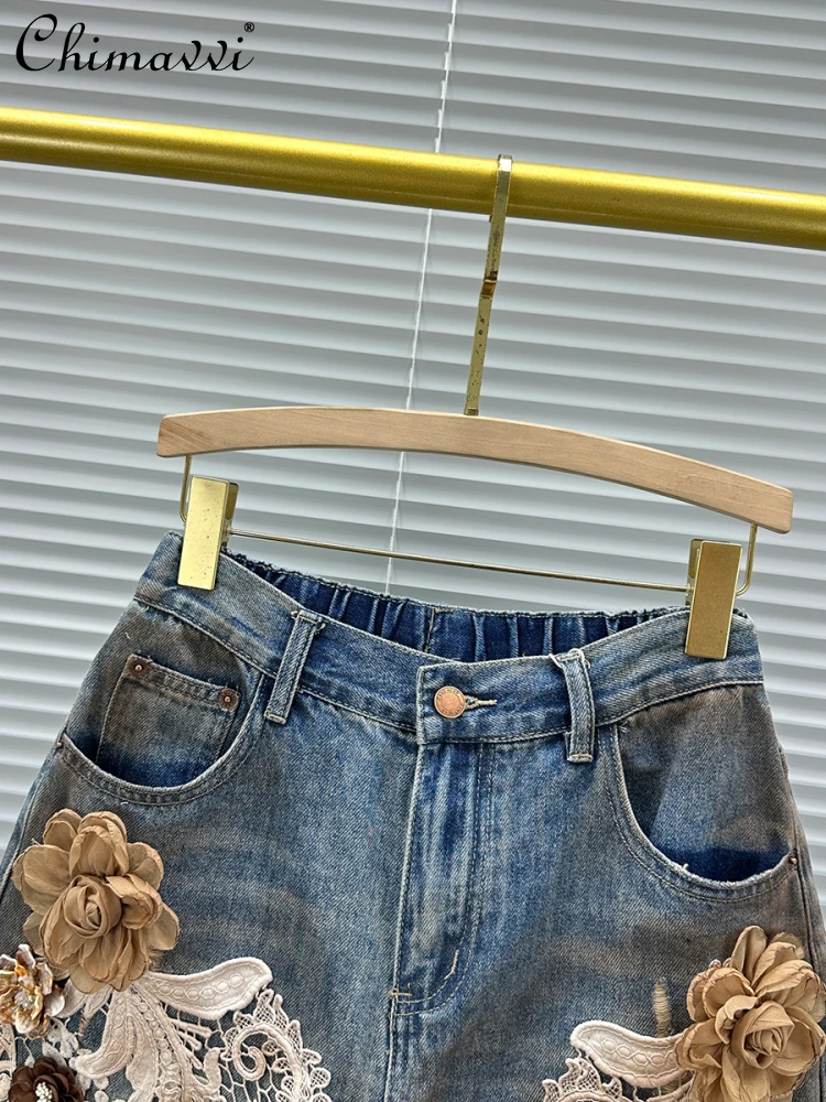 Heavy Flower Decoration Ripped Denim Shorts Women's 2025 Summer New Fashion High Waist Loose Versatile Girls Wide Leg Pants