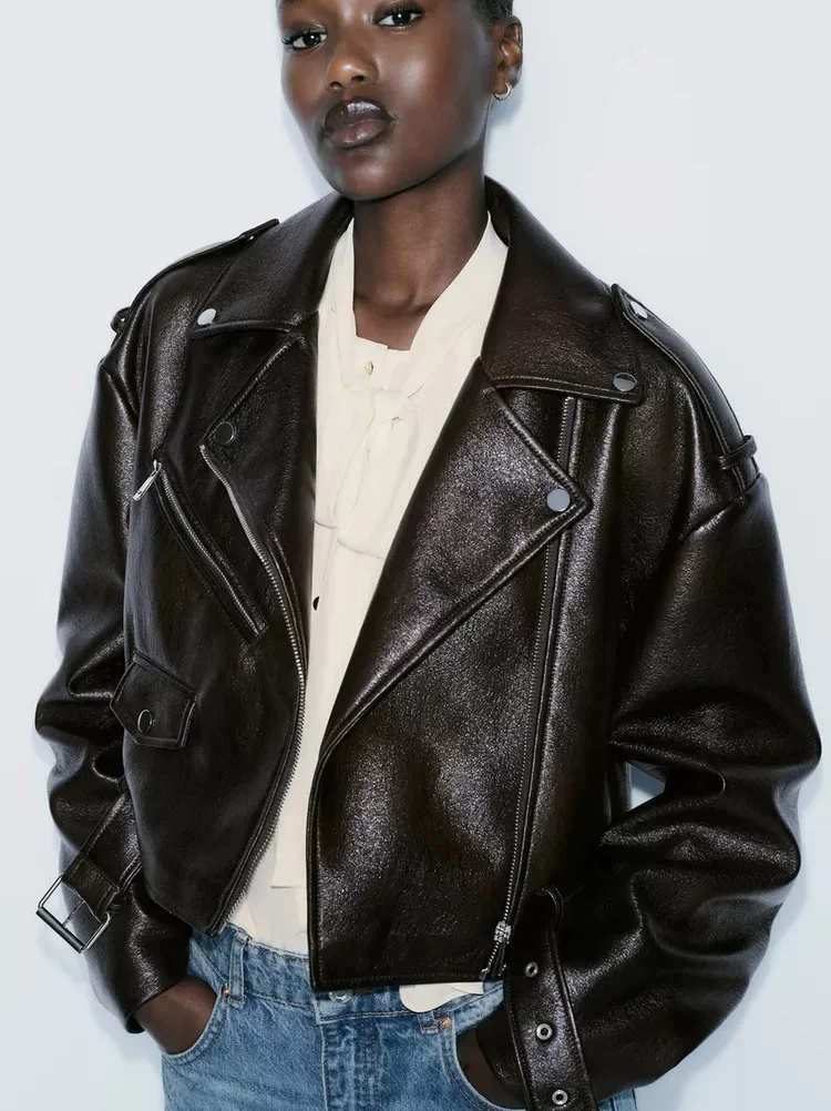 Autumn Winter New Women's Faux Leather Biker Sle Long Sve Zipper Decorated Jaet Leather Coat Street Sle Polyester Fiber