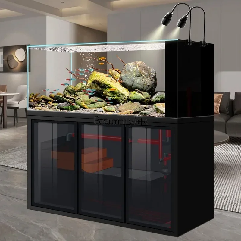 

yj9 Stream tank ultra-white glass native landscaping Lanshou fish tank medium and large bottom filter side overflow