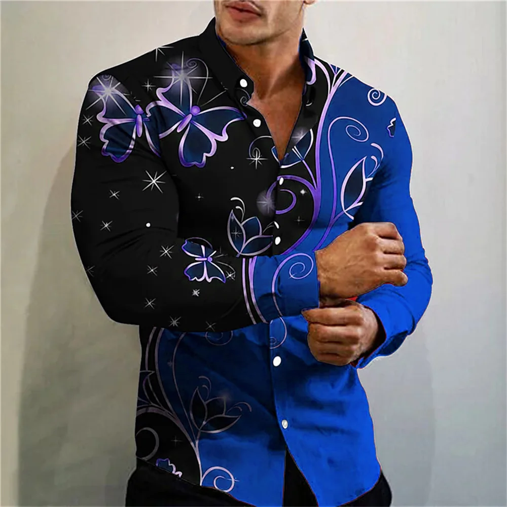 Floral illustration men\'s shirt stylish and comfortable long sleeve shirt outdoor sports streetwear large size men\'s clothing