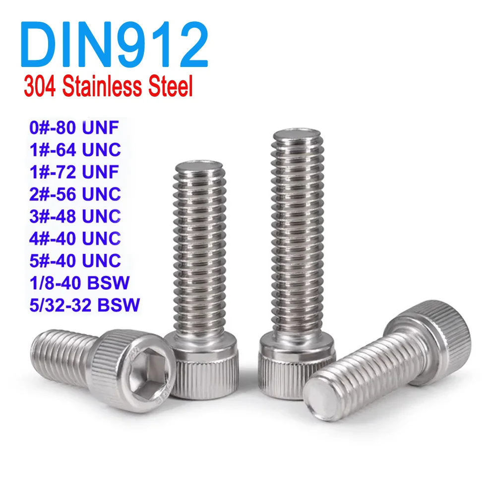 SUS304 A2 ستانلس ستيل DIN912 0 #   1 #   إلى 5 #   UNC UNF 1/8-40 5/32-32 BSW عرافة المقبس مخرش غطاء رئيس البراغي مفتاح ألين مسامير