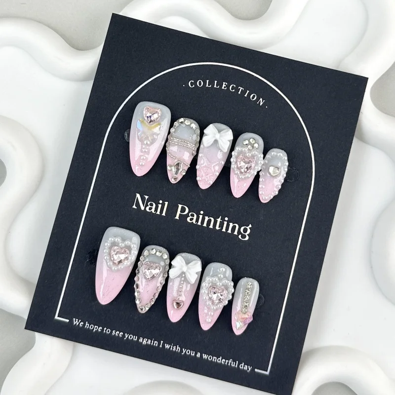 10Pcs Handmade Nail Set Gradient Pearl Bow & Heart Diamond Almond Tips Press-On Nails Perfect Gift for Women and Friends