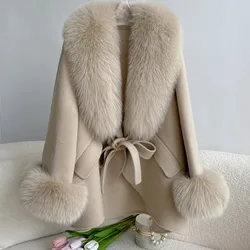 OFTBUY 2024 Fashion Winter Autumn Women Woolen Jacket Real Big Fur Detachable Collar Loose Cashmere Blends Luxury Fashion Cloak