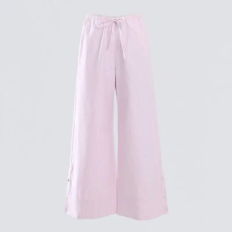 الرجعية منخفضة الارتفاع مخطط واسعة الساق السراويل عادية الدانتيل الرباط ثنى Y2K نمط الربيع الصيف المرأة الملونة فضفاضة تناسب بنطلون