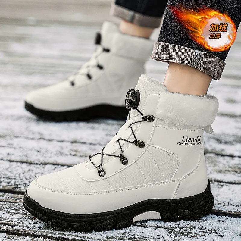 أحذية الثلوج الرجالية الشتوية 2025، مبطنة بالفرو الصناعي، سميكة ودافئة، تصميم من قطعة واحدة، غير قابلة للانزلاق، متينة، مقاس كبير، سريعة الجفاف، مناسبة