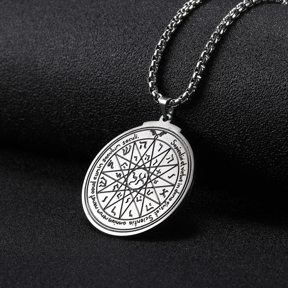 VASSAGO Stainless Steel Fourth Pentacle of Mercury Pendant Necklace Key of Solomon Seal Round Charm Wide Chain Talisman Jewelry