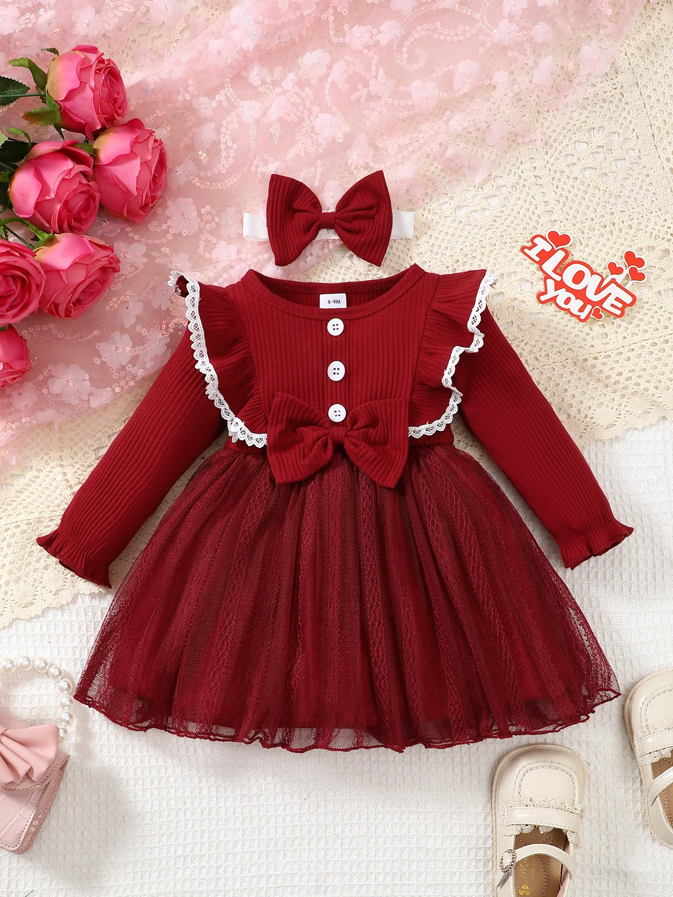 Baby Girl Spring and Autumn Romantic Mesh Splicing Pit Bar Round Neck Ruffle Lace Dress Suitable for Parties and Shopping