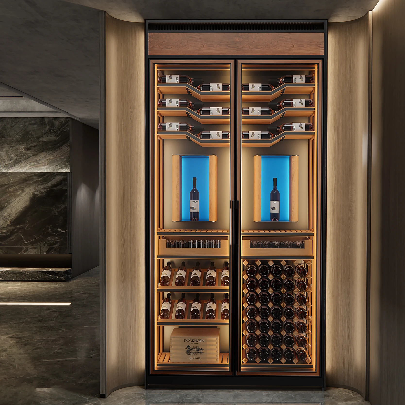Built-In Wine Cooler Stainless Steel Frame & Solid Wood Veneer Design, Large Capacity & Dual-Temperature for Wine Cellars