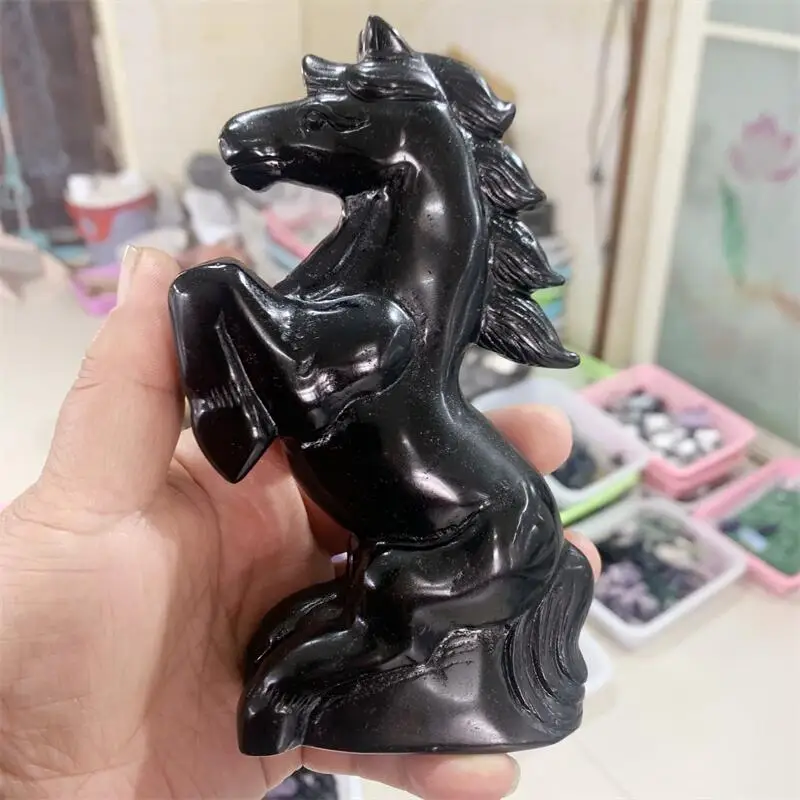 

15CM Natural Obsidian Horse Animal Carving Landscaping Healing Christmas Home Decoration Gift 1pcs