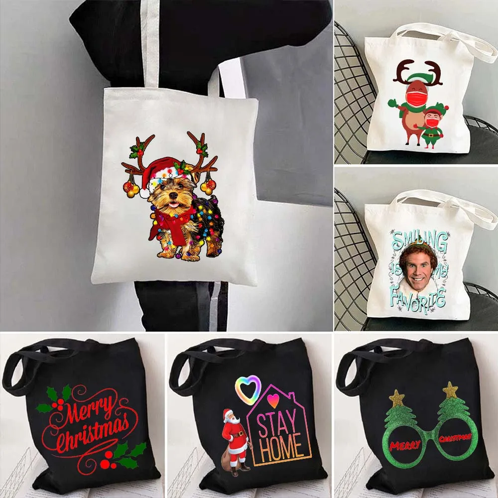 Merry Christmas Reindeer Bear Buddy Green Elf Rudolph Cute Funny Santa Cartoon Shopper Canvas Totes Bag Cotton Shopping Handbags