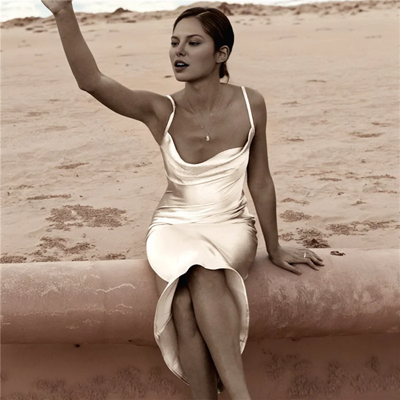 【SEE】Damen-Kleid mit Spaghettiträgern, Midi-Satin und Seide, Slip-Cocktail-Abendkleid mit Wasserfallausschnitt