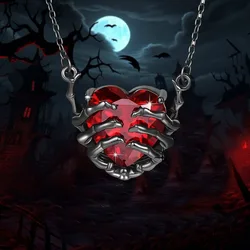 Gothic Heart-Shaped Red Synthetic Gemstone Necklace with Zombie Claw Design, Funky Style, Plated Zinc Alloy, Unisex Pendant