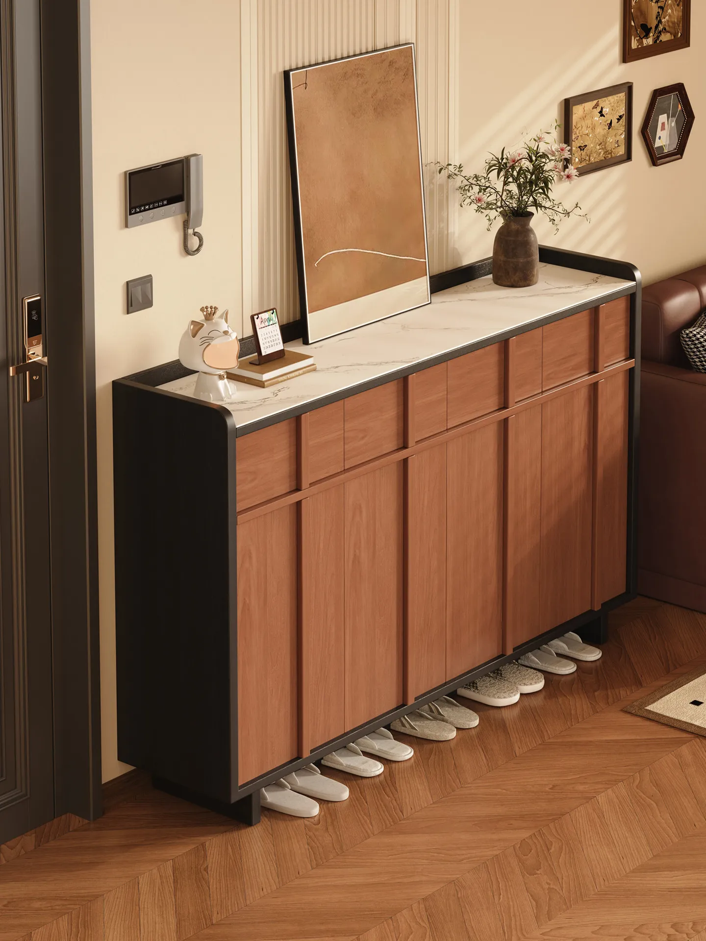 Sintered stone shoe cabinet, home entrance storage cabinet, integrated solid wood eco-board skeleton line storage cabinet