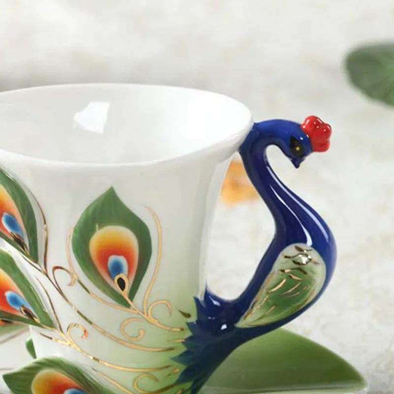 Peacock Shaped Ceramic Coffee Cup with Saucer & Spoon, Creative 3D Art Tea Mug, Elegant Home Decor, 200ml Drinkware Gift