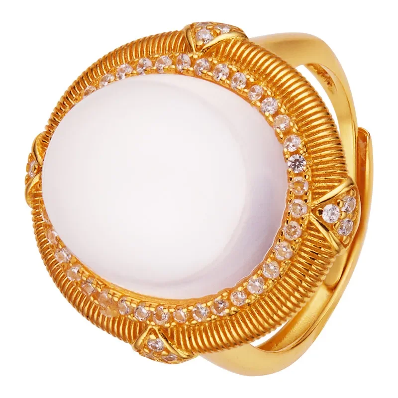 S925 sterling silver natural powder crystal colored treasure ring women's medieval retro European and American fashion