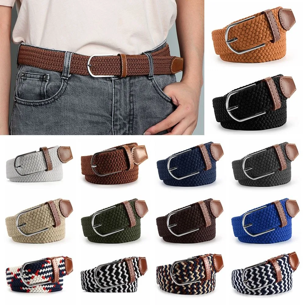 

Casual Weaving Braided Stretch Belt PU Leather Buckle Elasticated Fabric Canvas Belts Outdoor Sports Waistband