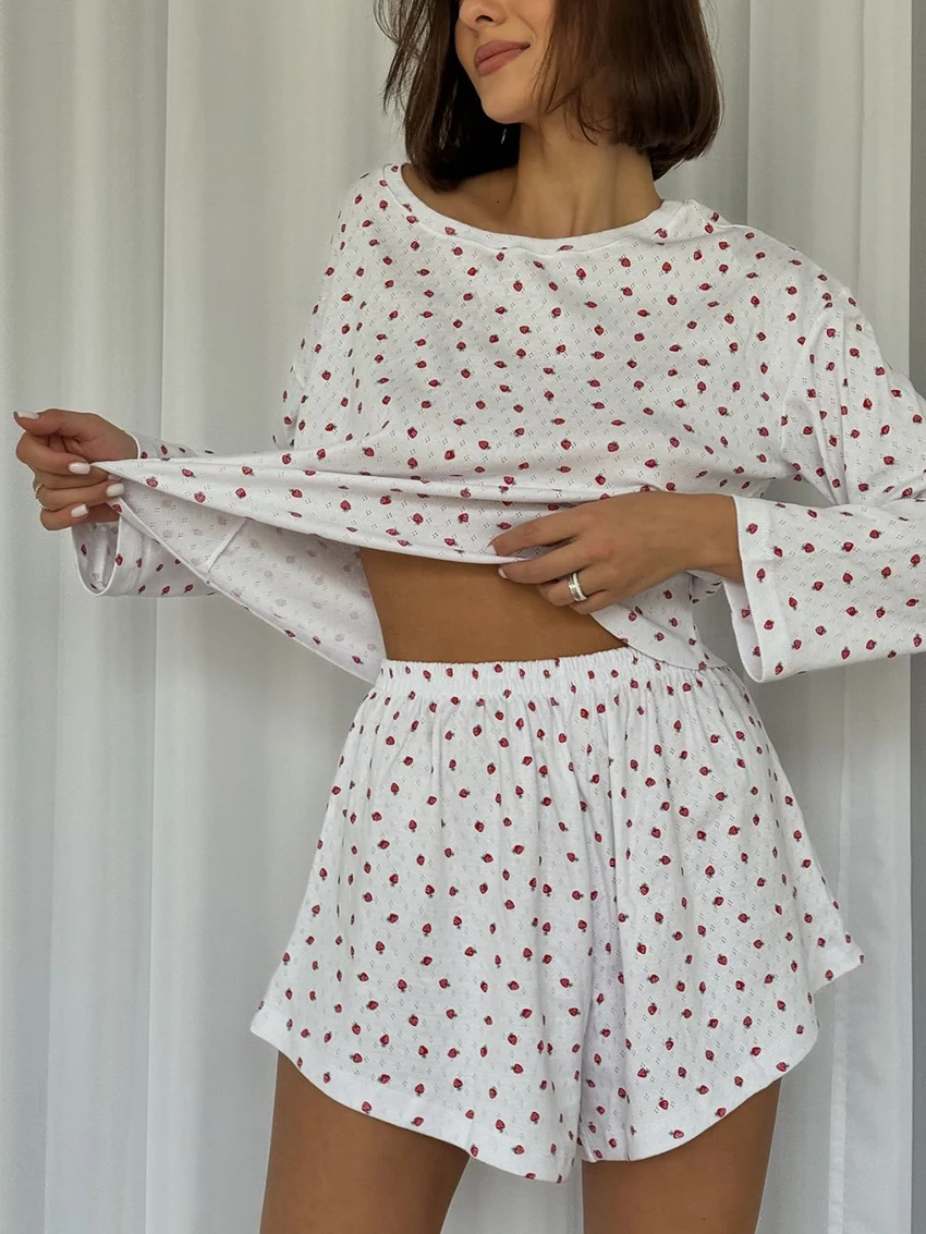 

Marthaqiqi Printing Women Pajama 2 Piece Suit Long Sleeve Nightie O-Neck Sleepwear Crop Top Nightwear Shorts Casual Home Clothes