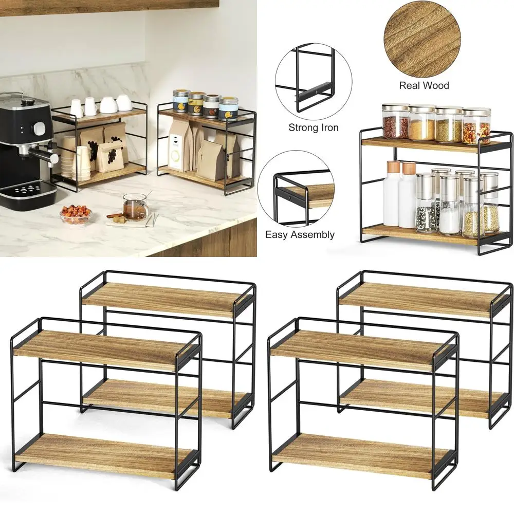 

2-уровневый деревянный органайзер для ванной и кухонной стойки с полкой для специй - карбонизированный черный