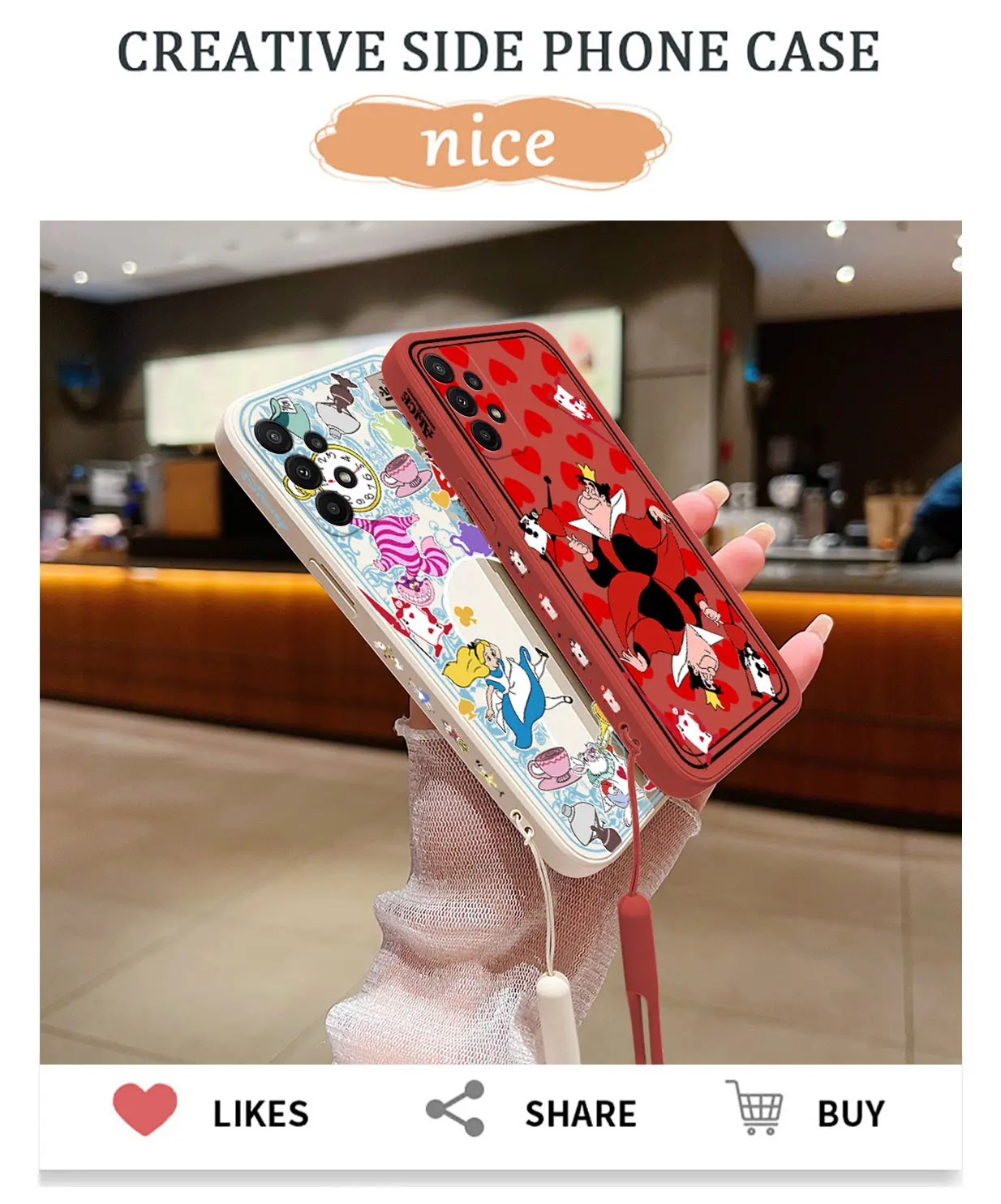 Alice in Wonderland Case For Samsung A54 A34 A73 A53 A33 A23 A14 A13 A03 A04 A72 A52 A32 A22 A12 A71 A51 4G 5G With Hand Strap