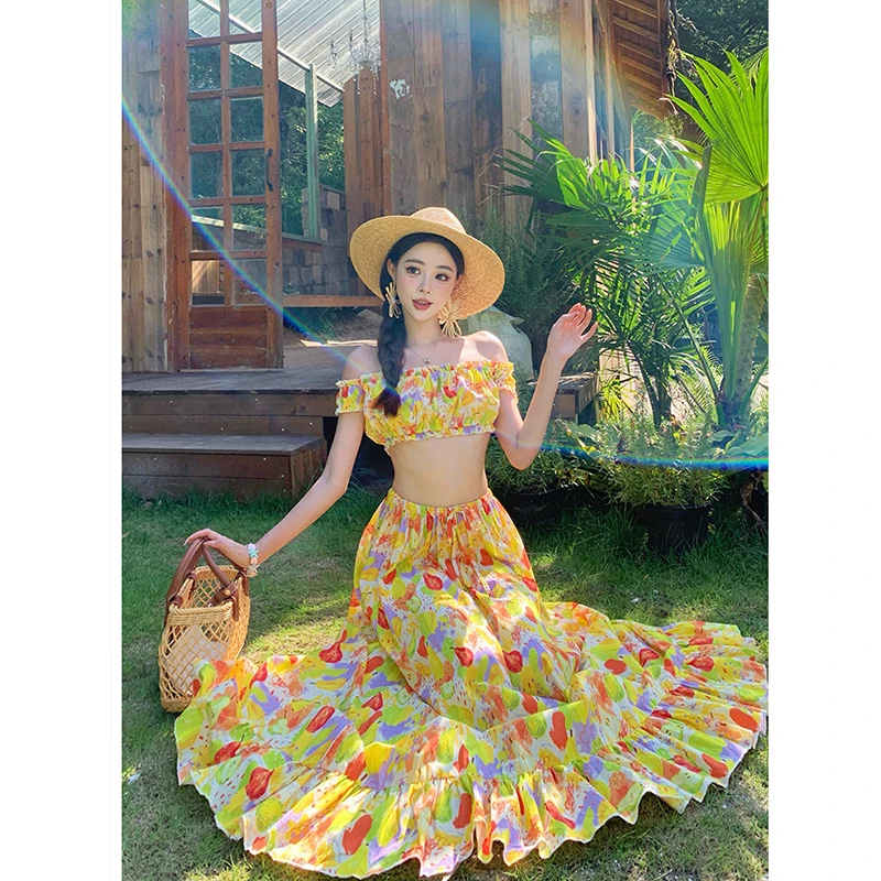 Women Island Style Two-piece Set 2026 Summer New Off Shoulder Tube Print Tops Elastic Waist Floral Print Casual A-line Skirt