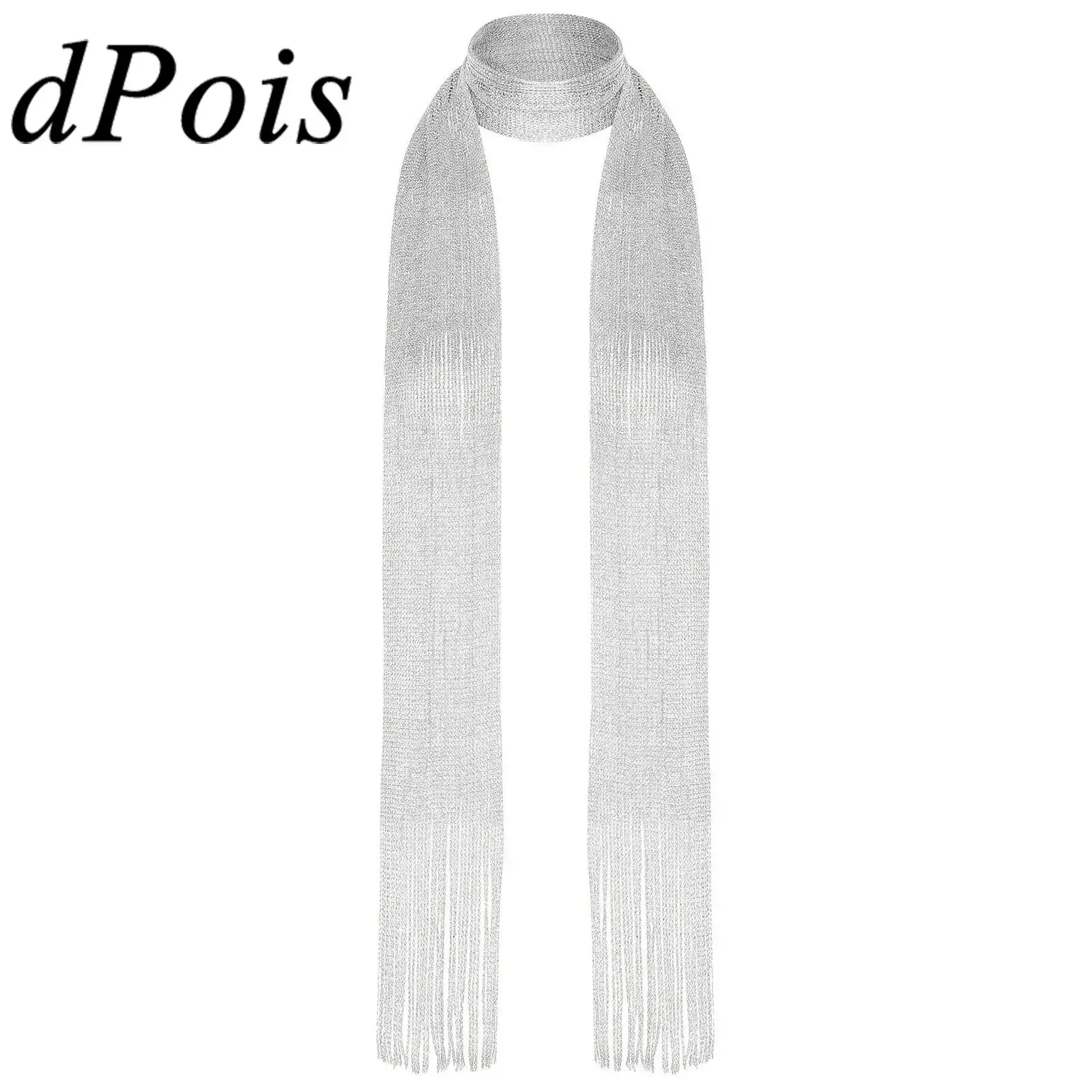 Fashion Womens Scarf with Tassel Shiny Sheer Long Scarves for Evening Outerwear Cocktail Party Female Costumes Accessory