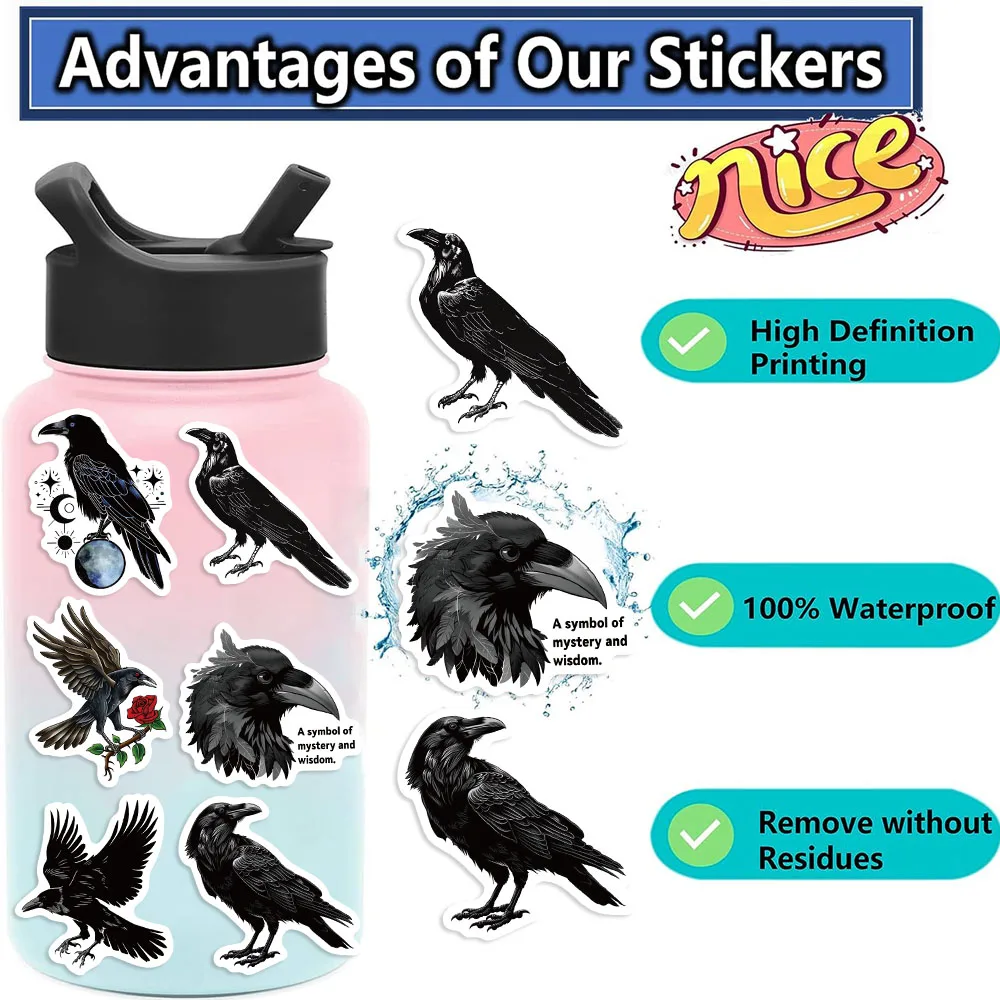 Pegatinas de animales de dibujos animados de cuervo negro, 50 piezas, botellas de agua, teléfono, guitarra, portátil, Notebook, Maleta, pegatina impermeable, regalo