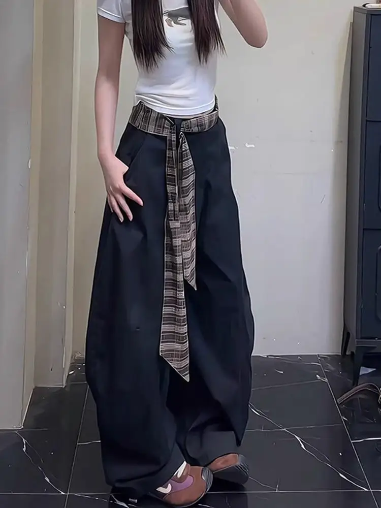 

American Retro Plaid Patchwork Men's Summer High Waist Slim Loose Knife Casual Extended Floor Length Work Pants