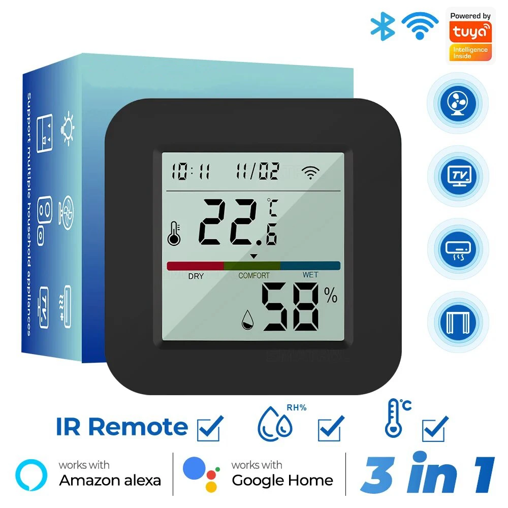 Tuya-Controle Remoto Inteligente Universal com Sensor de Temperatura e Umidade, WiFi, Ar Condicionado, TV, AC, Funciona com Alexa, Google Home