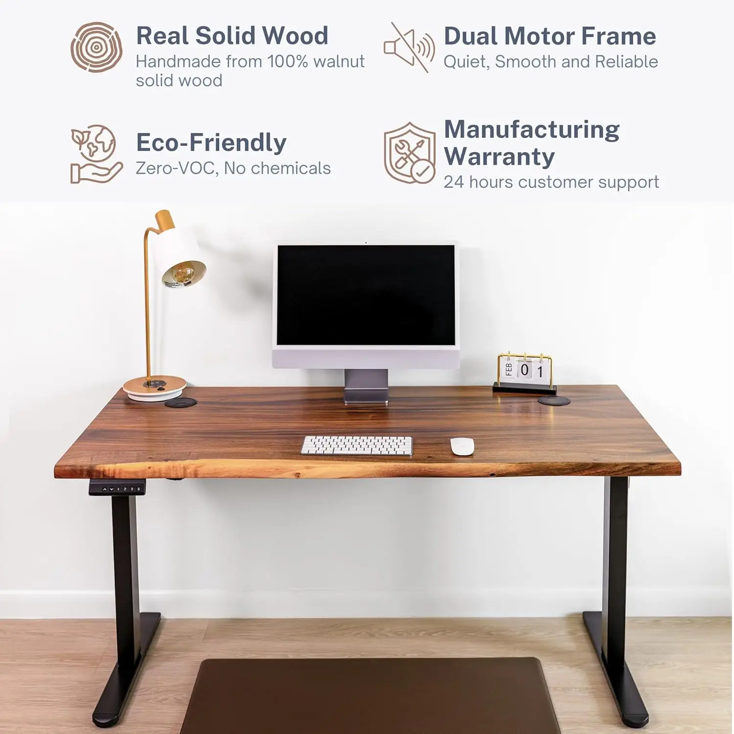 Standing Desk Walnut Solid Wood Desk, Live Edge Adjustable Height Desk, Dual Motor Sit Stand Desk for Home Office ( W60 x D27)