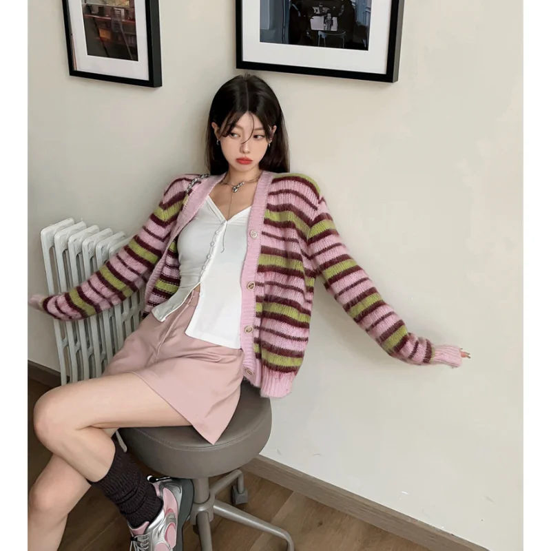 Women Clothing Vintage Knitting Sweater Pink Chic Long Sleeve Casual Grey Fashion Simplicity Baggy Female 2023 Coat Winter Tops