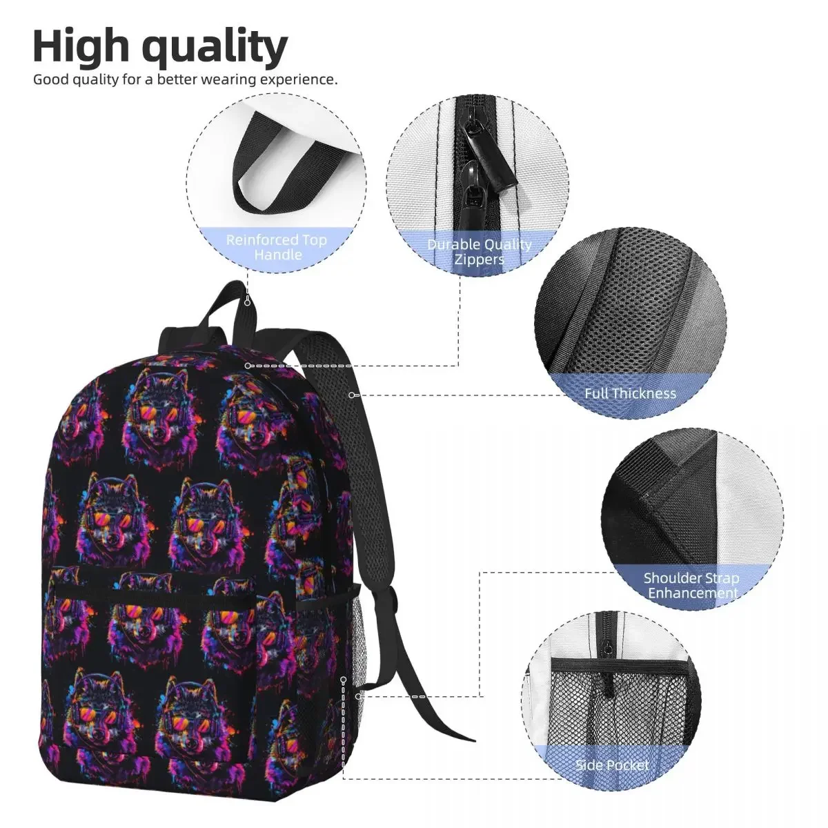 Neon Graffiti Wolf With Headphone Backpack Boys Girls BookBag Children School Bag Computer Shoulder Bags for Men Women