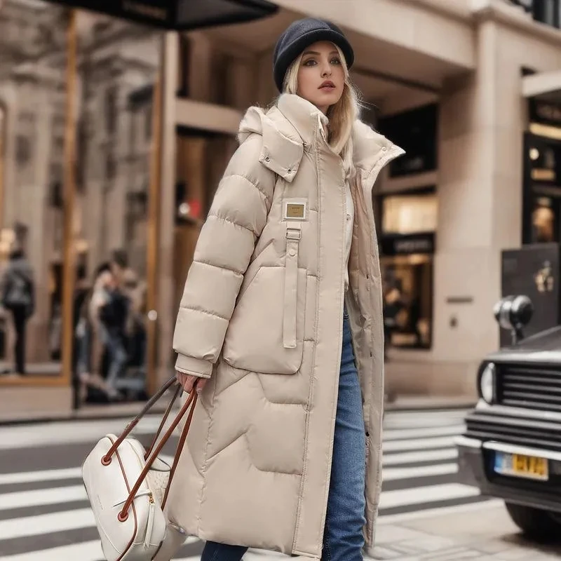 Parkas longas e quentes com capuz para mulheres, jaqueta, casaco de algodão espessado, à prova de vento, casaco de neve, moda feminina, novo