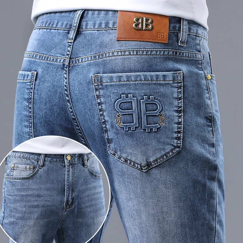 2024 new light luxury high-end personalized embroidery Slim small straight leg pants men\'s stretch versatile casual jeans