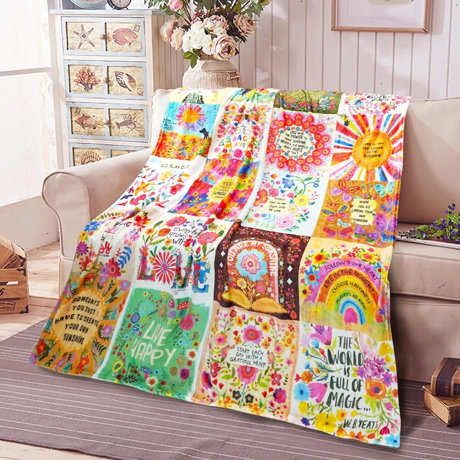 Boho Throw Blanket All Season Colorful Patchwork  Bohemian Gifts Blanket for Women with Inspirational Thoughts Flannel for Sofa