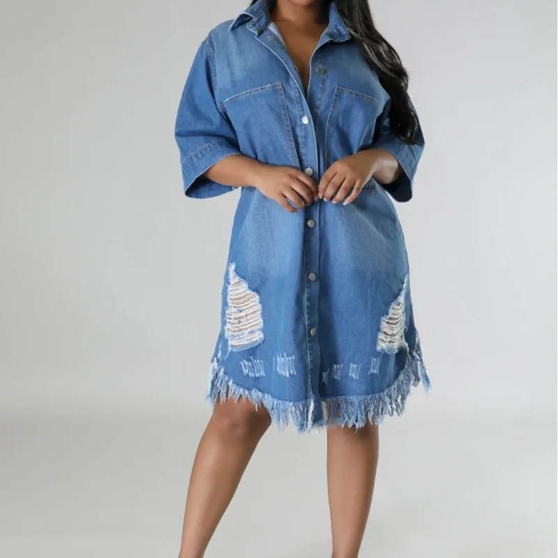 

Fashion distressed denim Dresses Spring/Summer Women's Dress tassels Polo collar Button Solid loose short sleeve Mini dress