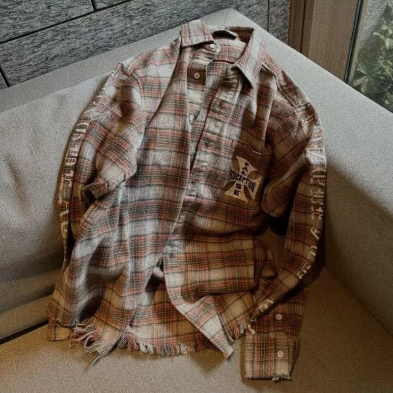 الرجال فحص قميص غير رسمي الخريف جديد التلبيب زر سترة الساحل الغربي المروحيات الرجعية غسل شرابة كل مباراة تي شيرت