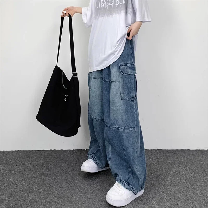 QWEEK Y2k Vintage Baggy Jeans for Women Autumn Loose Pockets Elastic Waist Denim Wide Leg Pants Japanese Streetwear Trousers