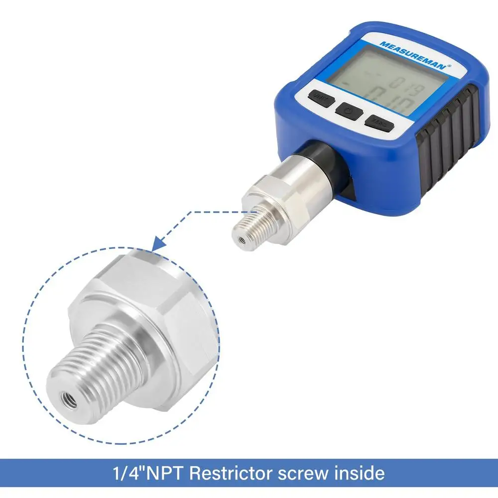 مقياس الضغط الرقمي الذي يعمل بالبطارية بتقنية البلوتوث 1000psi 0.2% FS 1/4 ''NPT اتصال من الفولاذ المقاوم للصدأ صدمة قرص قابلة للتدوير