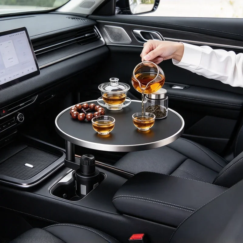 360 Degree Rotating Car Floating Tray Table with Silicone Cushion Shock Absorbing Cup Holder Compact Vehicle Dining Shelf