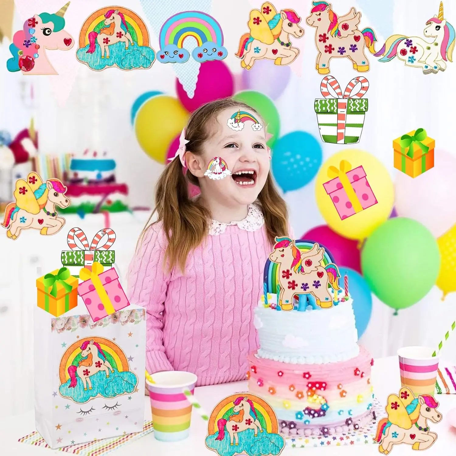 Set artigianale in legno di unicorno da 386 pezzi con 18 pezzi di legno di unicorno, 354 strass, 12 matite colorate, 2 adesivi, artigianato fai da te per ragazzi/ragazze