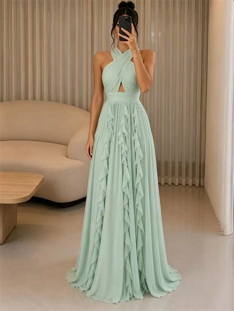 Elegant Chiffon Halter Prom Dress Cross Neck Cutout Ruffled Floor Length Party Gown Backless Tie Waist Wedding Evening Robe
