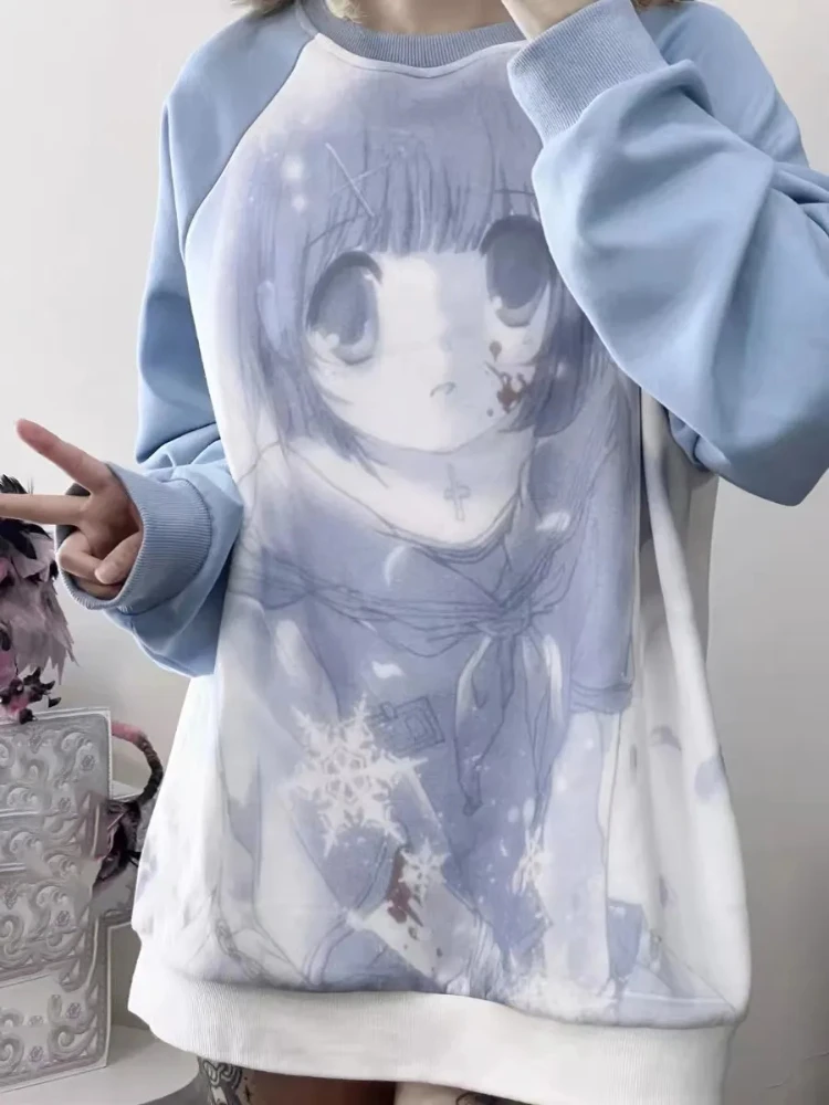 ญี่ปุ่นอะนิเมะพิมพ์เสื้อกันหนาวผู้หญิงฤดูใบไม้ร่วงฤดูหนาว O คอหลวมเสื้อแขนยาว Casual Y2k ความงาม Hoodie Ins